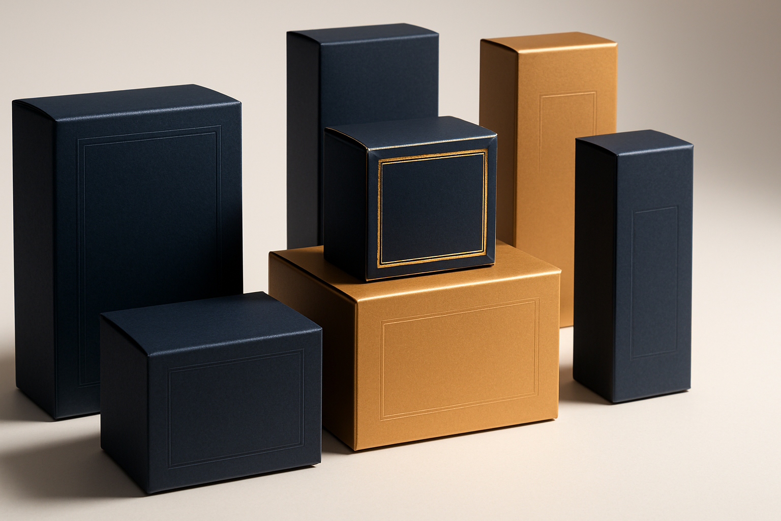 A row of premium folding cartons photographed on a clean studio backdrop