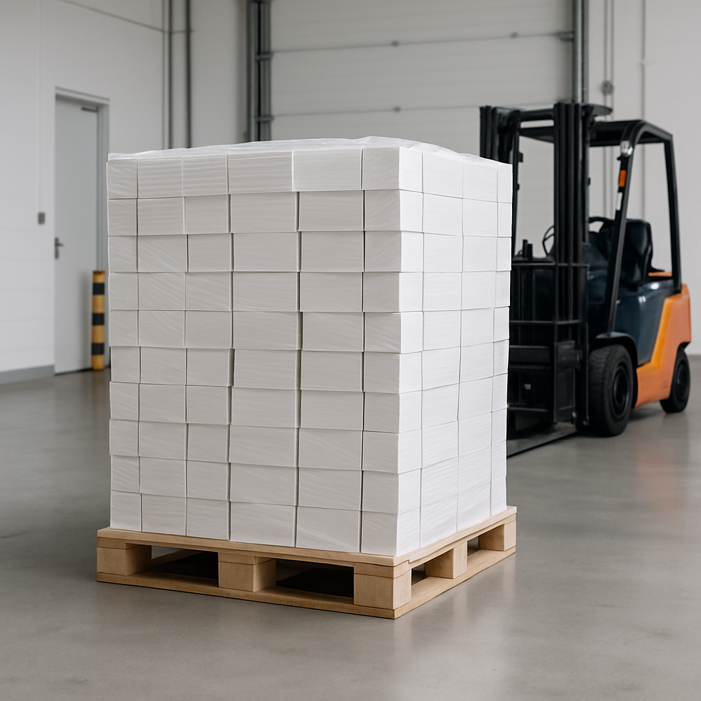Palletized cartons wrapped and ready for shipping