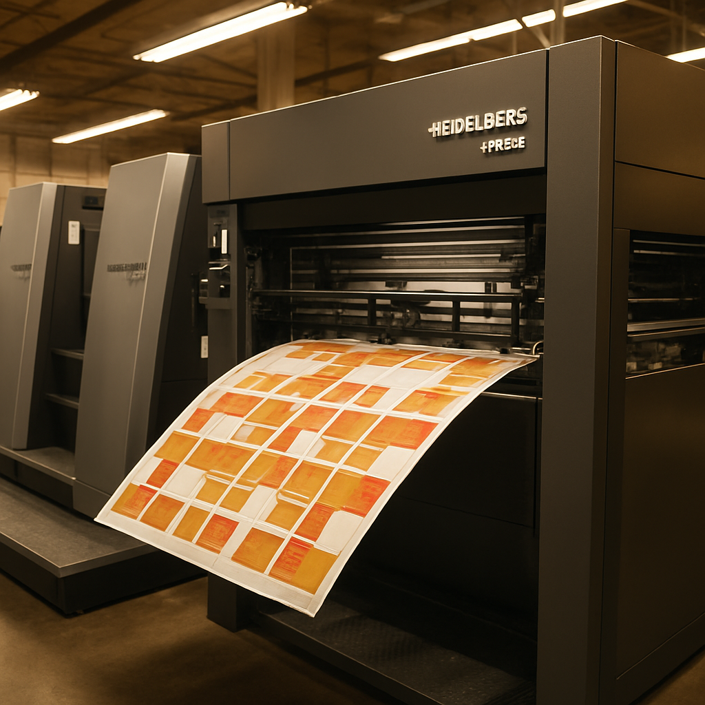 Heidelberg XL106 press running a sheet of branded folding cartons