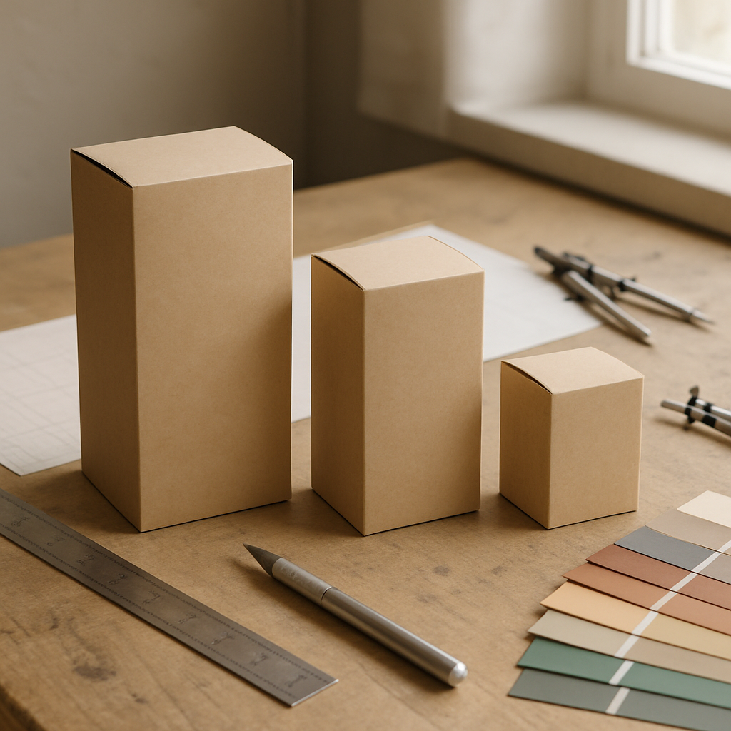 Three folding carton prototypes arranged on a workbench
